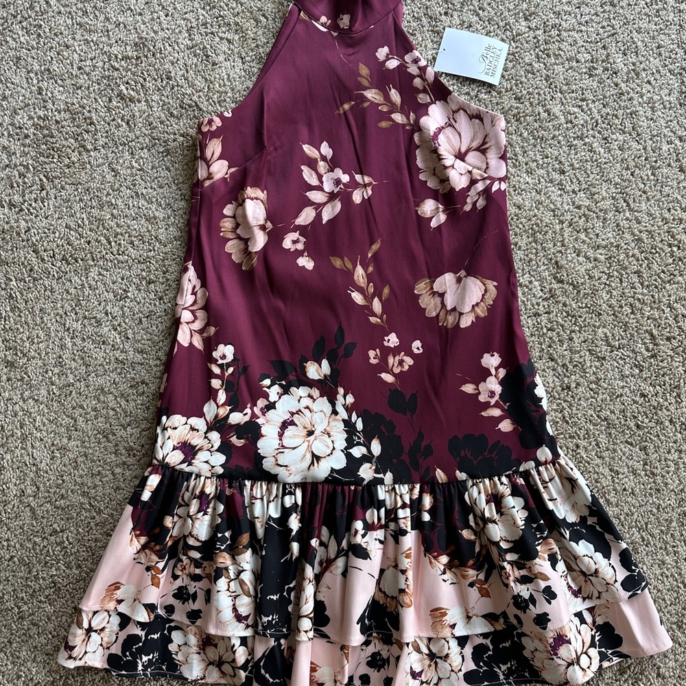 Badgley Mischka Burgundy and Pink Floral Dress